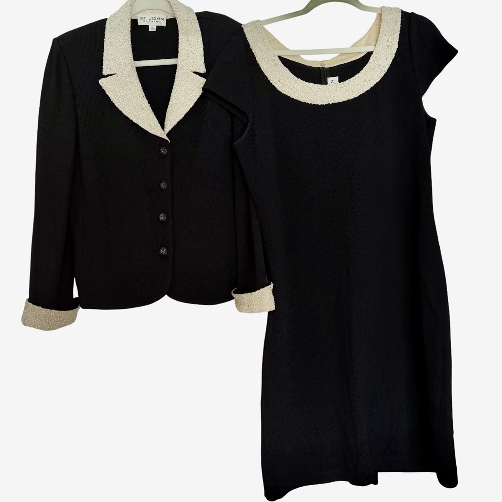 ST. JOHN EVENING BLACK CAP SLEEVE SANTANA KNIT DRESS & JACKET PEARL DETAIL